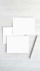 Two blank greeting cards, postcards, invitations, front and back mockup, pencil and envelope, minimal style, vertical image for social media story template.