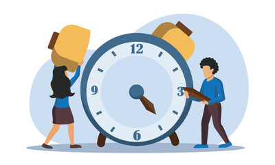 Two colleagues repairing timepiece. Faceless male holding minute hand while female attaching bell to top of alarm clock face. Flat vector illustration