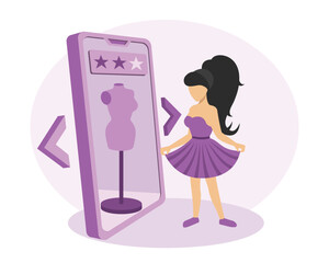Pretty female standing near mobile screen, selecting dress in online store, dress fitting online via mobile app. Buying clothes and product rating. Vector flat illustration in purple trendy colors