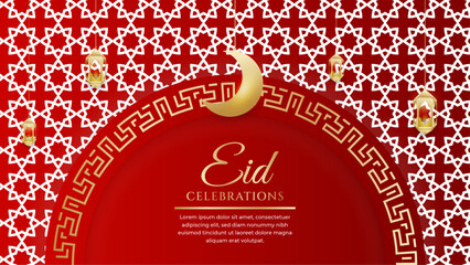 Eid mubarak celebration red and gold with ornament and lantern