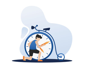 Guy trying hard to meet tight deadlines. Faceless male character adjusting clock on bike. Man turning minute hand on large clockface. Flat vector illustration