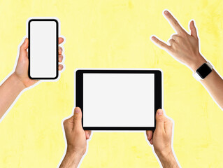 Composite photo with isolated smartphone, digital tablet in hands, smart watch on wrist, I Love You ILY sign hand gesture.