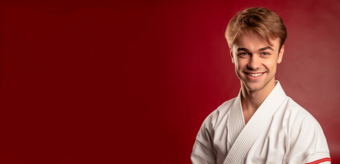 Obraz premium a smiling young men wearing karate clothes in dark red background generative ai
