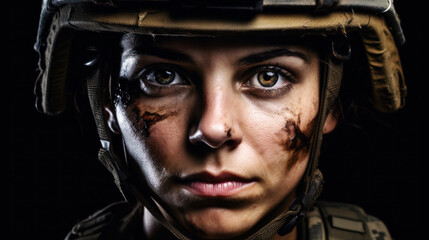 Resolute female soldier emerges, her eyes brimming with courage, offering a cinematic view that emphasizes her detailed face and uniform. Brave Army soldier. Generative AI