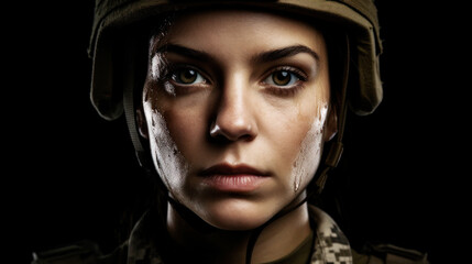 Resolute female soldier emerges, her eyes brimming with courage, offering a cinematic view that emphasizes her detailed face and uniform. Brave Army soldier. Generative AI