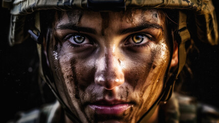 Resolute female soldier emerges, her eyes brimming with courage, offering a cinematic view that emphasizes her detailed face and uniform. Brave Army soldier. Generative AI