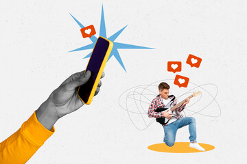 Creative collage of black white colors arm hold smart phone shoot photo mini guy play guitar like notification isolated on painted background