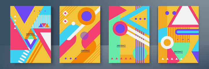 Geometric posters. Bauhaus cover templates with abstract colorful geometry. Retro architecture minimal shapes, forms, lines and eye design vector.