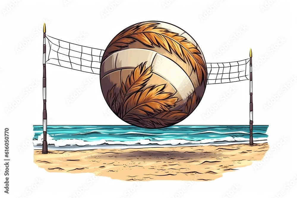 Poster drawing of a volleyball ball on the background of the net and the beach isolated on a white background. Generated by AI.