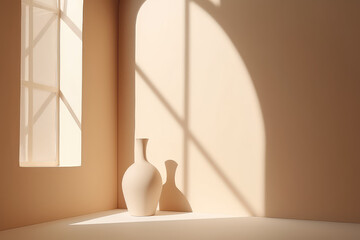 Minimal abstract interior in pastel beige. Empty room with sunlight and shadows, geometric wallpaper, empty vases. Generative AI 3d render imitation.