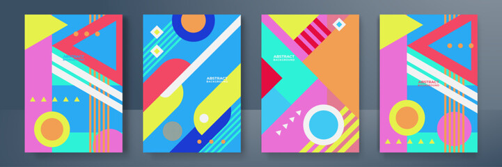 Geometric posters. Bauhaus cover templates with abstract colorful geometry. Retro architecture minimal shapes, forms, lines and eye design vector.