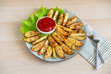 Baked potato wedges with herbs, salt, spices and tomato sauce. Baked spiced potatoes look delicious. Snack for beer. Close-up.