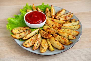 Baked potato wedges with herbs, salt, spices and tomato sauce. Baked spiced potatoes look delicious. Snack for beer. Close-up.