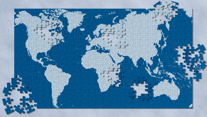 Illustrazione 3D. Elementi del Puzzle compongono la mappa del mondo. La cartina geografica piana del nostro pianeta si forma progressivamente fino al completamento.. - obrazy, fototapety, plakaty