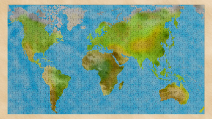 Illustrazione 3D. Elementi del Puzzle compongono la mappa del mondo. La cartina geografica piana del nostro pianeta si forma progressivamente fino al completamento..