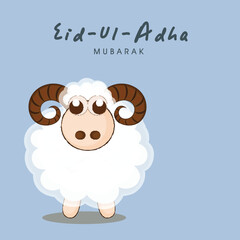 Eid-Ul-Adha Mubarak Greeting Card with Cartoon Sheep Character on Pastel Slate Background, Islamic Festival of Sacrifice Concept.