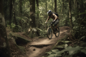Fototapeta na wymiar montain bike racing on tropical forest ,generative ai