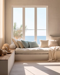Mediterranean interior design composition with pillows - Minimalistic concept. Generative AI.