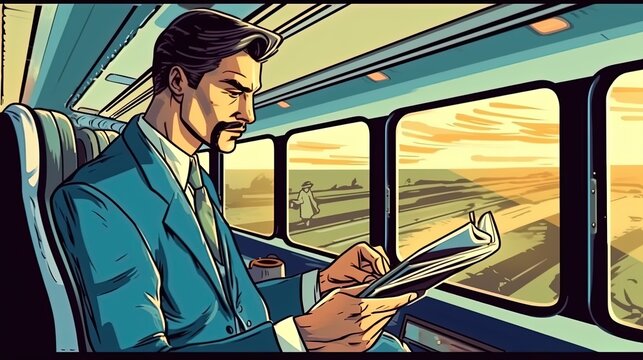 Businessman traveling in a train . Fantasy concept , Illustration painting.