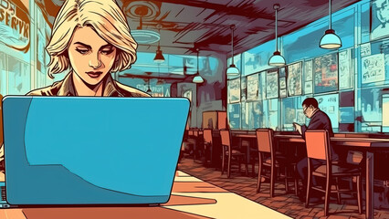 Businesswoman with laptop at cafe . Fantasy concept , Illustration painting.