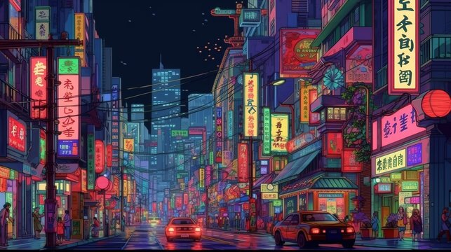 Busy traffic on a city street at night . Fantasy concept , Illustration painting.