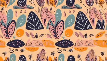Hand drawn bright ethnic style botanical ornament pattern. Cute abstract organic shapes print. Collage contemporary design.