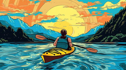 Canoeist paddling on a river . Fantasy concept , Illustration painting. - obrazy, fototapety, plakaty