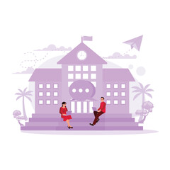 Two students sat and worked on assignments on laptops in front of the university's main building. Trend Modern vector flat illustration.