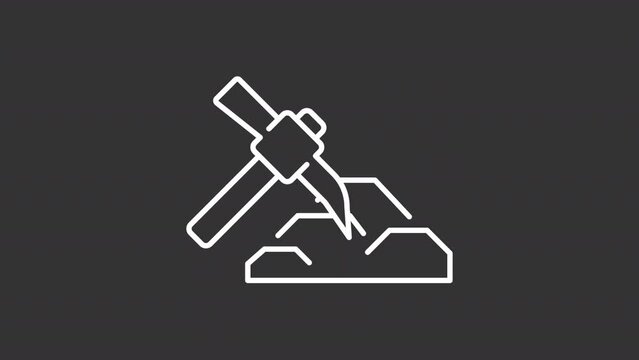 Bitcoin mining white icon animation. Animated line pickaxe breaking rock. Bitcoin sign appearing. Loop HD video with alpha channel, transparent background. Motion graphic design for night mode