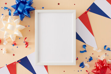 Bastille Day festivity theme for a party. Top view photo of french flag garlands, red, blue, white bows, patriotic sparkles on pastel beige background with blank frame for advert or greeting