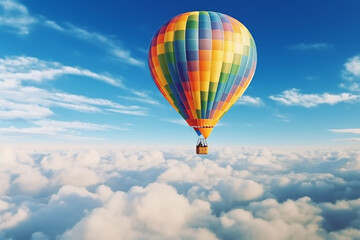 Hot Air Balloon Ride at sunrise background for wide banner of travel agency or adventure tour. Morning hot-air balloon flight with beautiful clouds. Romance of ballooning in a good weather. Generative