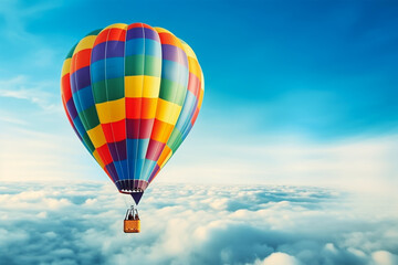 Obraz premium Hot Air Balloon Ride at sunrise background for wide banner of travel agency or adventure tour. Morning hot-air balloon flight with beautiful clouds. Romance of ballooning in a good weather. Generative