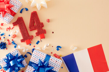 Fototapeta na wymiar Creative concept for a Bastille Day gift theme. Top view photo of french flag, gift boxes, shiny number fourteen, event confetti on pastel beige background with empty space for ads or greeting