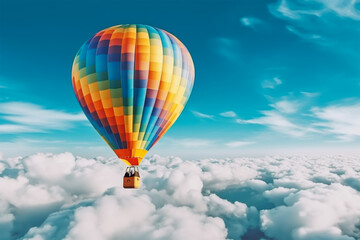 Fototapeta premium Hot Air Balloon Ride at sunrise background for wide banner of travel agency or adventure tour. Morning hot-air balloon flight with beautiful clouds. Romance of ballooning in a good weather. Generative