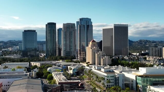 Century City, California skyline including Fox Studio - ascending aerial