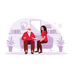 Women from a community visit and register a grandfather at home. Trend Modern vector flat illustration.