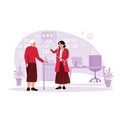 The female doctor talks to an old female patient and explains the patient's condition. Trend Modern vector flat illustration.
