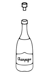 Champagne. Sketch. The cork flew out of a glass container with sparkling wine. Lettering Champagne. Vector illustration. Outlines on an isolated background. Doodle style. Idea for web design.