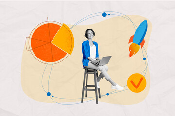 3d retro abstract creative artwork template collage of happy young businesswoman sitting chair data success statistics rocket fly start up - obrazy, fototapety, plakaty