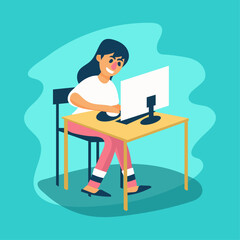 female student studying with computer flat illustration