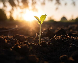 Green sprout appearing from the ground. Young plant at sun setting backdrop. Close up. Generative AI.