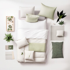 Comfortable white bed with many pillows. Cushions and plants around. Top view. Generative AI.