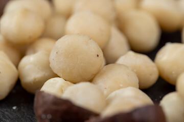Peeled macadamia nuts on the table
