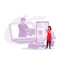 Women shop online and wait for parcel couriers. Package boxes, shopping bags, and trolleys. Trend Modern vector flat illustration.