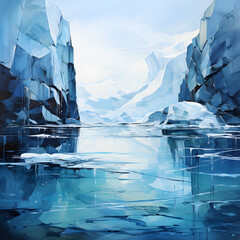 abstract 2D representation of iceberg, using geometric shapes, patterns to convey form, depth, gradient of blues, whites to capture essence of ice. AI Generated, Generative AI