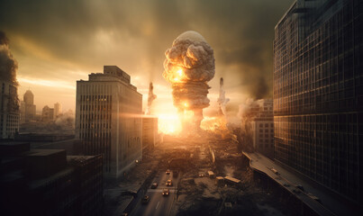 Terrible explosion destroying the city. War and destruction concept. Generative AI.