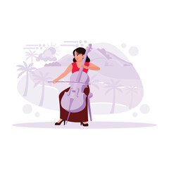 The female cellist is stunning on the beach at sunset. Trend Modern vector flat illustration.