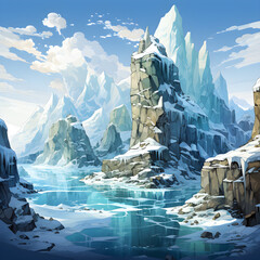 detailed 2D isometric view of iceberg, showcasing jagged edges, textured surfaces, shades of blue, white to depict icy nature structure.