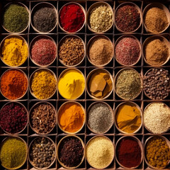 Little cups with diverse kinds of spices. Beautiful range of aromatic herbs and spice. Top view. Generative AI.