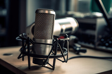 Mircrófono profesional con un fondo de un estudio radiofónico, preparado para hacer un podcast. IA generative